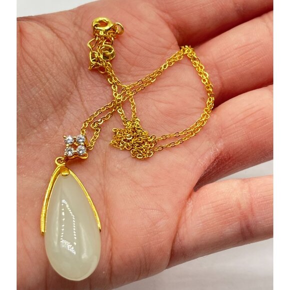 Elegant Jade Teardrop Gold Pendant Necklace With Cubic Zirconia Accent Sterling - Picture 7 of 7